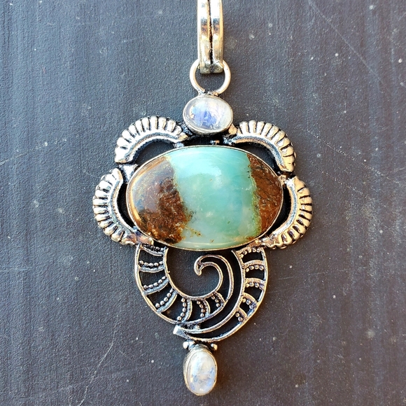 New Chrysoprase & Rainbow Moonstone 925 Silver Pendant - Picture 13 of 16